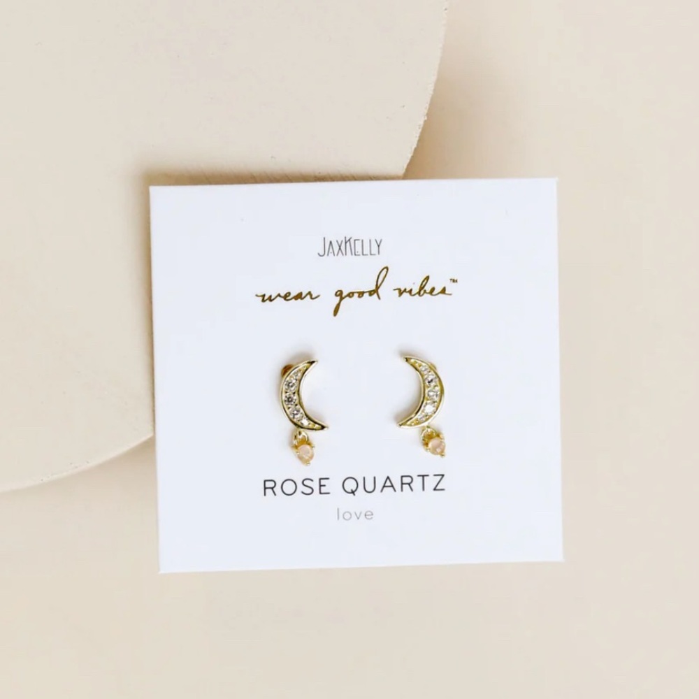 Jax Kelly Rose Quartz Moon Stud CZ Earrings NWT